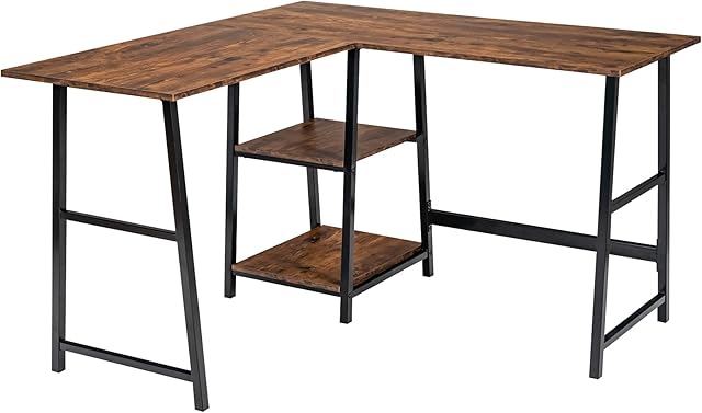 CASART L-Shaped Computer Desk, Gaming Study Table with 2 Open Shelves & Metal Support, Wide Tabletop Industrial PC Computer Workstation for Home Office