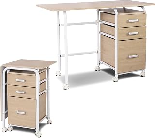 COSTWAY Klappbarer Computertisch mit 3 Schubladen und Rollen, Schreibtisch mit Metallrahmen, platzsparender Bürotisch, Klappschreibtisch für kleine Räume, 105 x 50 x 75 cm, Natur