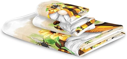 Miniatura 8 de Pfrewn Juego de 3 toallas de baño de flores de girasol de gnomo, toallas de baño de primavera a cuadros de abeja, toallas de baño suaves y