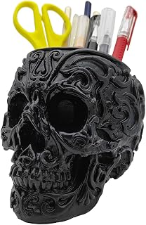 CUZOKOLA Goth Accessories Black Skull Decor for Pen Holder with Strong Resin,Skull Makeup Brush Holder for Vanity Decor,Office Organizer,Skull Planter