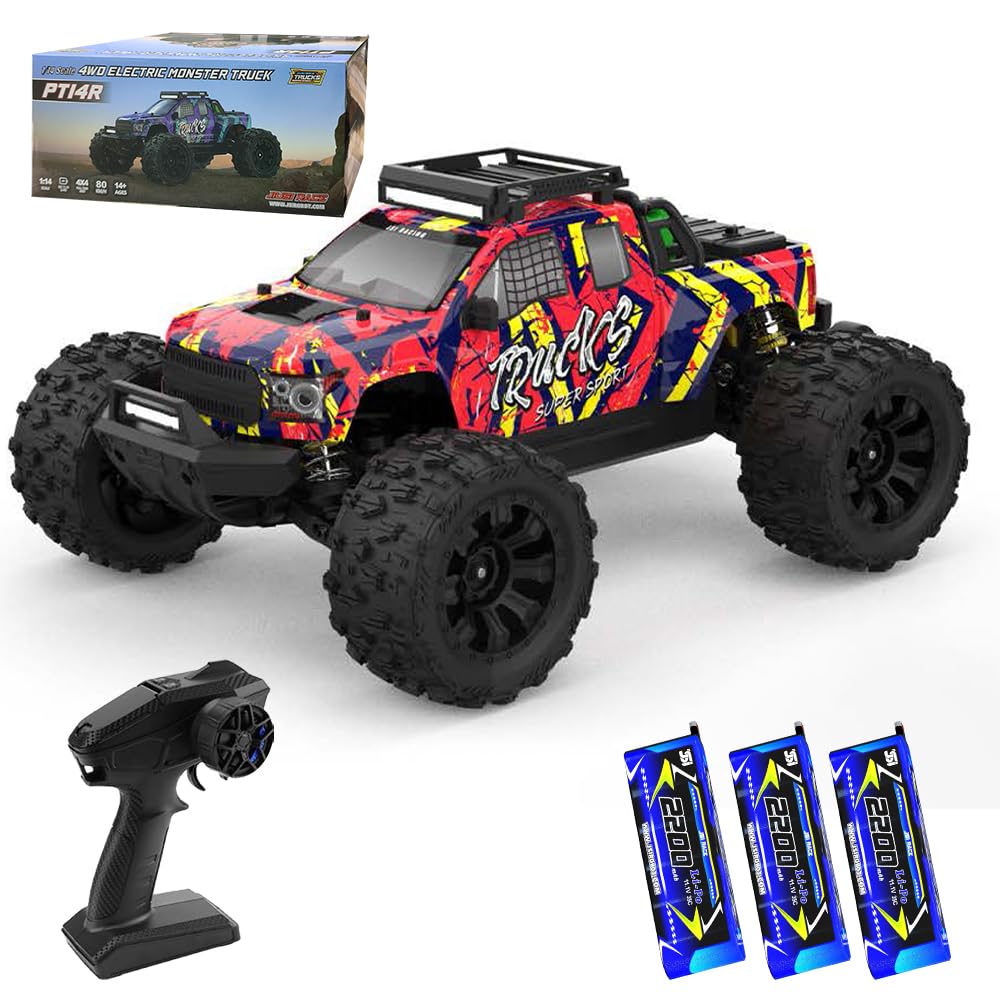 X-Verse 1:14 100 KM/H Macchina Telecomandata Professionale, 4WD Impermeabile Auto Telecomando Motore Brushless, 2,4 GHz All Terrain Offroad RC Truck Truggy per adulti-3 batterie (Giallo)