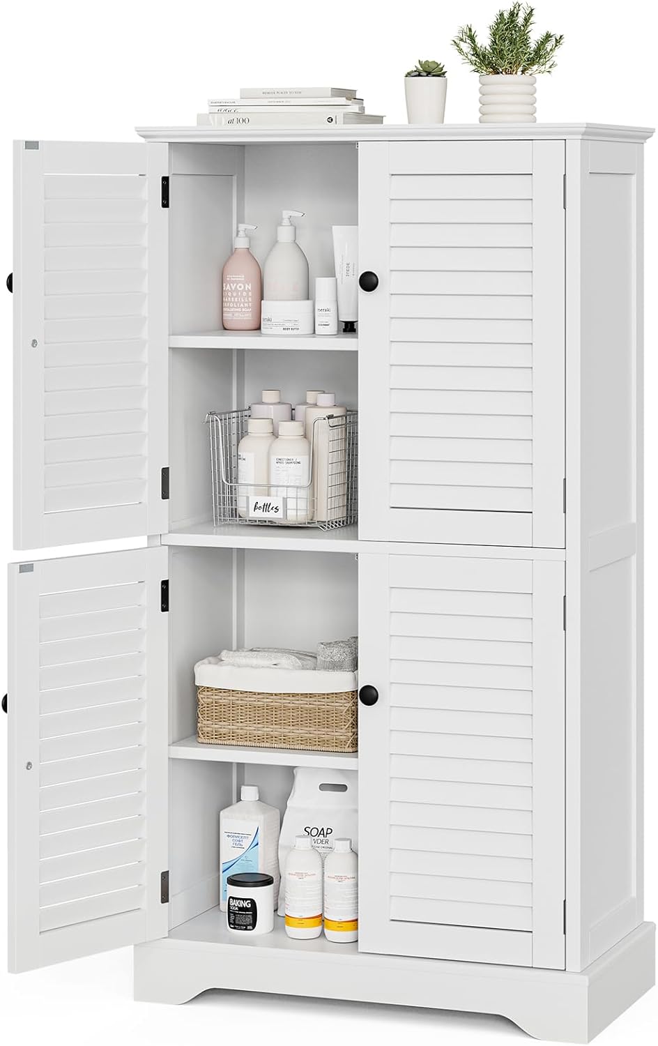 Storage Cabinet 43" with Stable Base, Classic Louvre Doors, Ajustable Shelf for Bathroom, Kitchen, Living Room 11.8"x 23.2" x 43.3", White