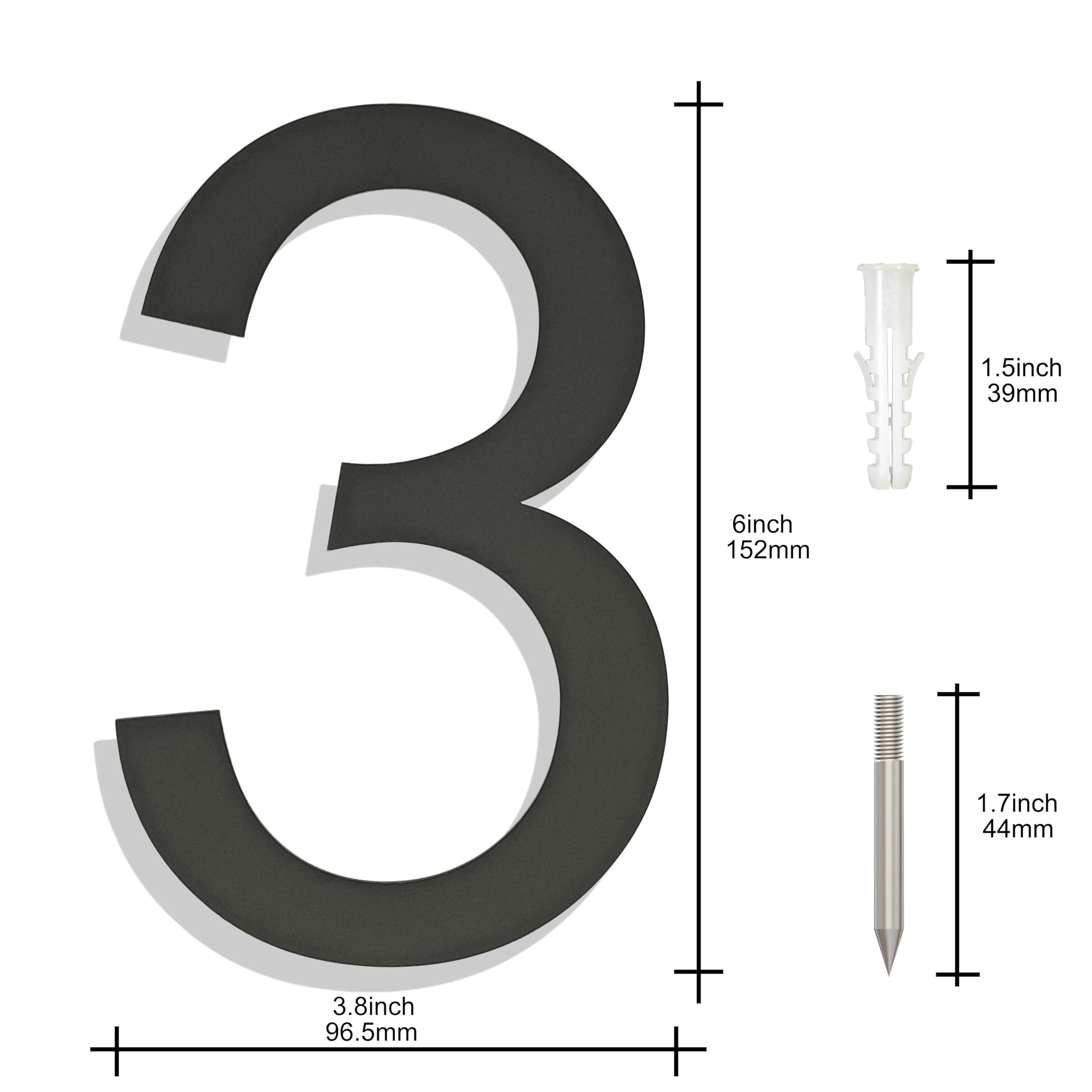 Ywonoby Stainless Steel House Numbers - Modern Floating Black Grey - 6 Inch Height - Arial Number 3, 6in 152mm - Image 3