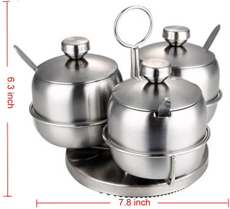 Rotary Stainless Steel Spice Jar Condiment Pots Seasoning Containers for Salt Pepper Sugar Storage Organizers with Spice Rack, Set of 3