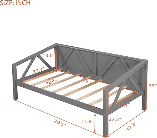 Miniatura 2 de SOFTSEA Marco simple de sofá cama individual, plataforma de madera con soporte de listones de madera y forma de triángulo, sofá cama resistente para