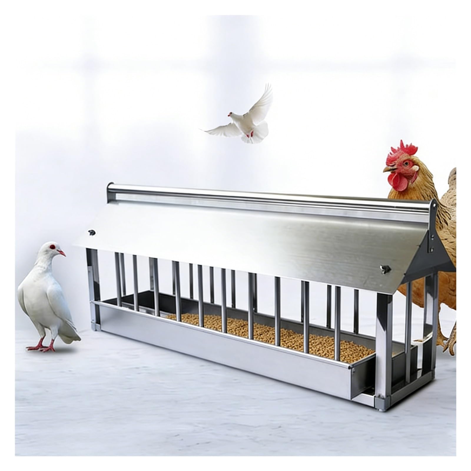 Comedero para aves de corral de acero inoxidable con tapa para lluvia, sin residuos