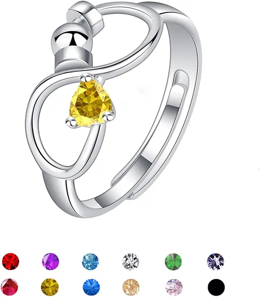 KONPJE Silver Open Birthstone Rings for Women Adjustable Anxiety Ring Rotating Infinity Ring Heart Emerald Crystal Ring Constellation Month Ring Birthday Valentine Jewelry