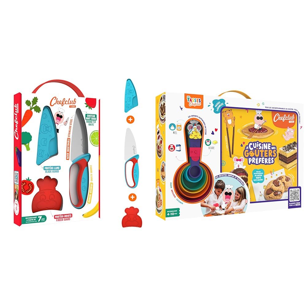 Chefclub Kids - Kit Couteau Sécurisé +Coffret Je Cuisine Mes Goûters Préférés - Livre 25 Recettes -Tasses Doseuses Incluses - Apprentissage Cuisine Enfants - Ustensile Ergonomique - Idée Cadeau 4 Ans+