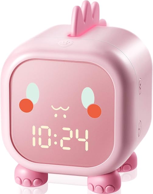 Homealexa Kids Alarm Clock, Dinosaur Digital Alarm Clock with Snooze Mode Bedroom Night Lights,Children's Sleep Trainer Night Light Bedside Clock with Temperature for Boys Girls (Pink)