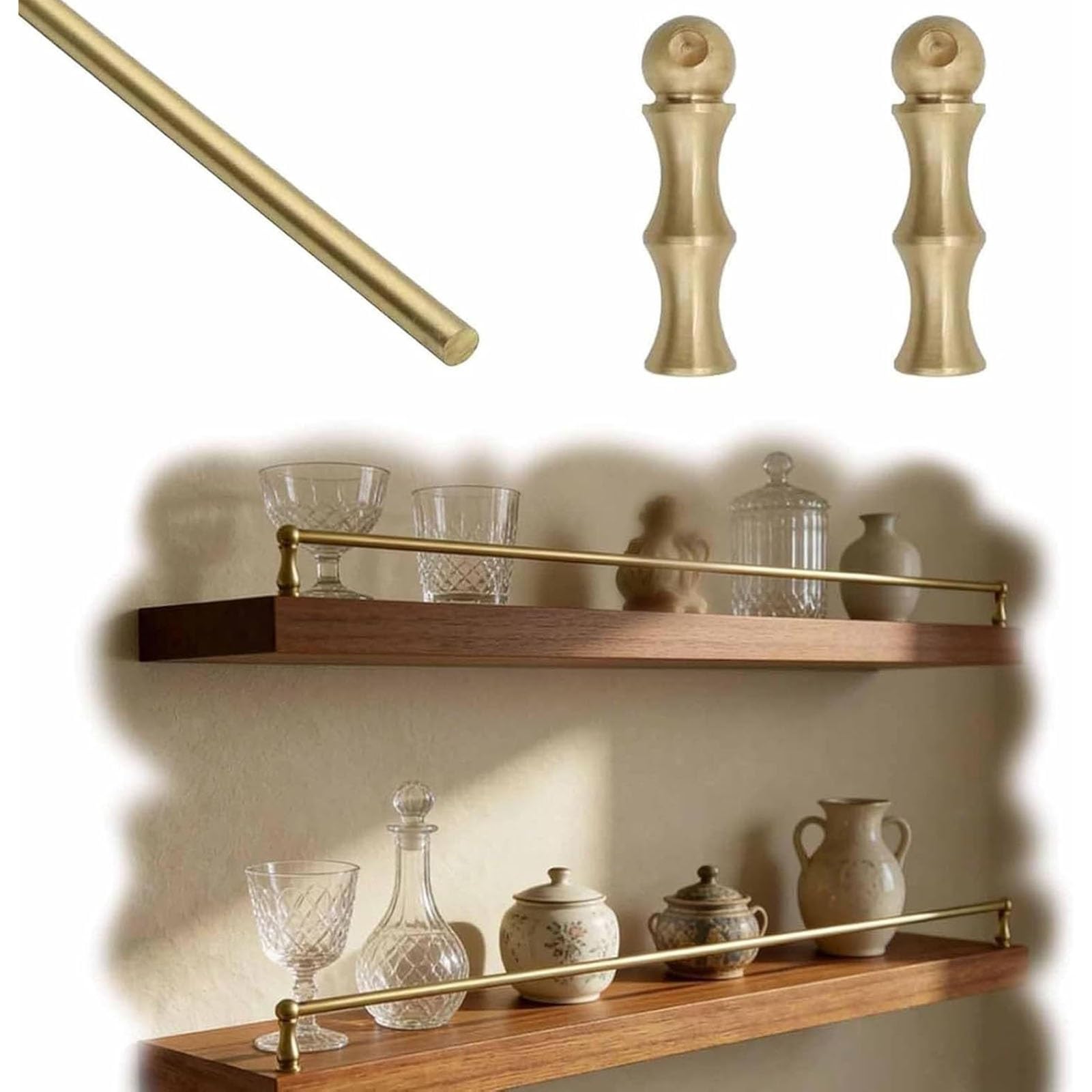 8-40 in Metal Shelf Guard Rail Brass Gold for Wood Shelves, Anti-Tipping Gallery Rails for, Round Tube Anti-Fall Fence(Style B,46cm/18.1in)