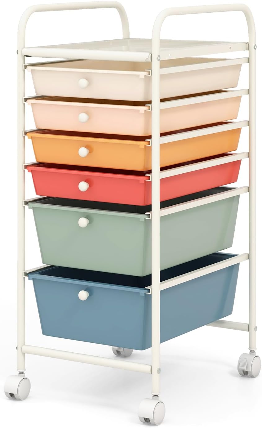 COSTWAY 6-Drawer Rolling Storage Cart, Multifunctional Art Craft Tools Organizer on Wheels, Heavy Duty Utility Mobile Storage Trolley w/ 2 Lockable Wheels for Home Office School, Macaron