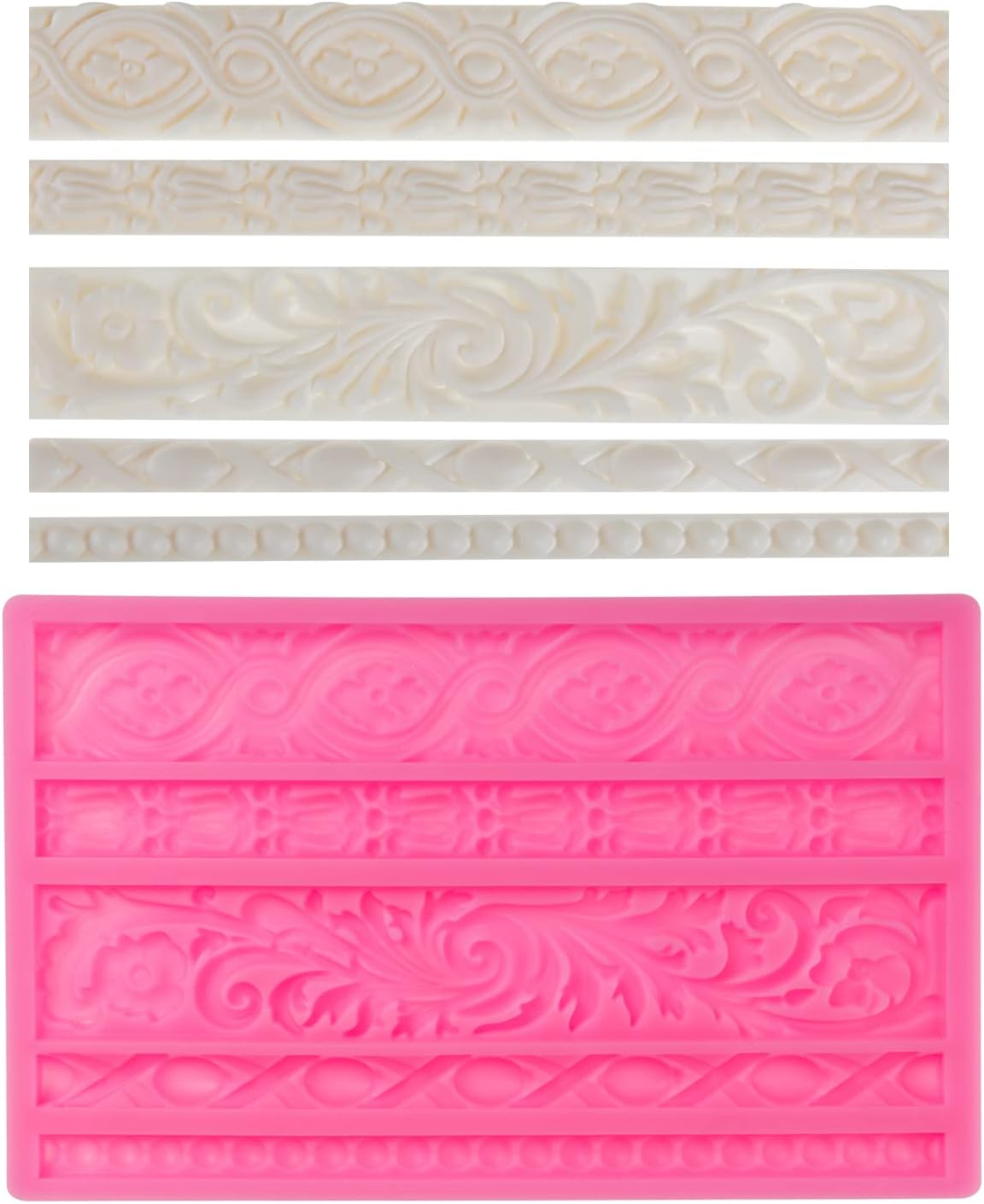 Neepanda DIY Baroque Scroll Relief Cake Border Silicone Molds, Baroque Style Curlicues Scroll Lace Fondant Silicone Mold, European Frame Cake Decorating Tools, Relief Flower Lace Mould Mat(Pink)