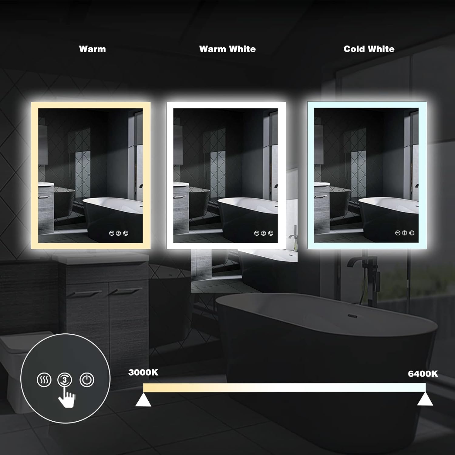 ExBrite LED mirror showing different color temperatures: Warm, Warm White, Cold White
