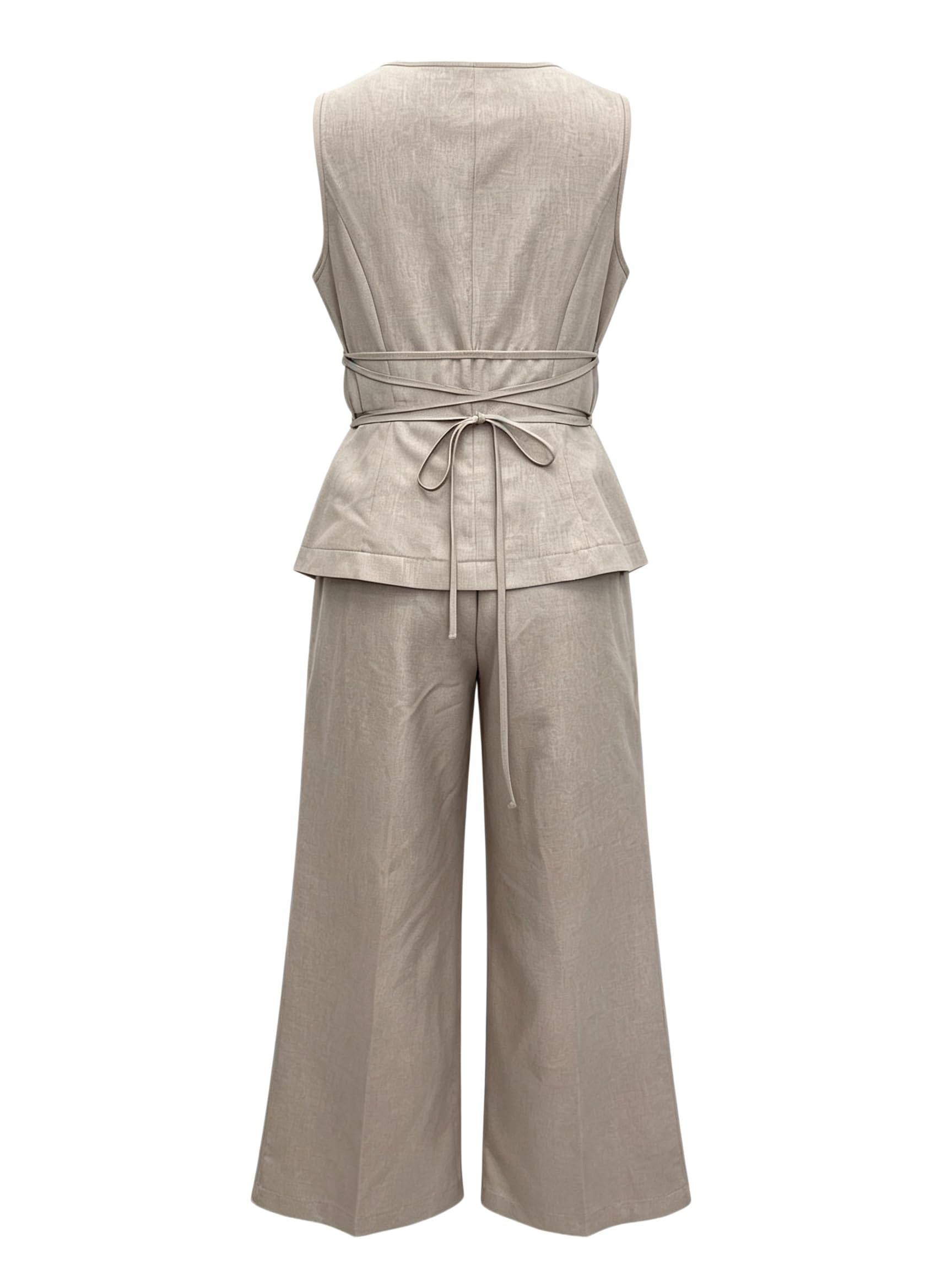 Conjunto Mujer Vestir Dos Piezas Conjunto De Traje De Verano De 2 Piezas Para Mujer: Elegante Blazer Sin Mangas Con Cuello Redondo Y Lazo En La Espalda Y Pantalones De Pierna Ancha A Juego Conjunto