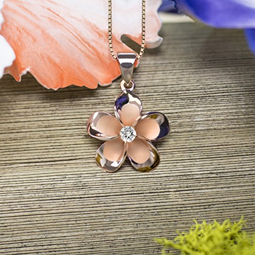 Honolulu Jewelry Company 14K Rose Gold Plated Sterling Silver CZ Plumeria Flower Nature Necklace Pendant with 18" Box Chain4