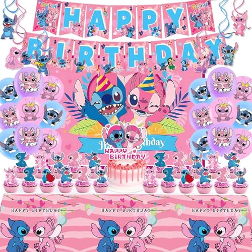 Stitch Party Supplies 49PCS Birthday Decorations Set Include Banner Balloons backdrop Stickers Hanging Swirls Cake Cupcake Toppers Tablecloth for Boys Girls Stitch Theme Party