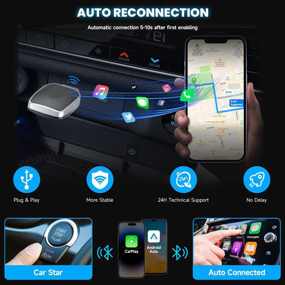 Adattatore CarPlay Wireless per Fiat Panda 2017 2018 2019 2020 2021 2022 2023 2024 2025, Converte Carplay da Cablato in Wireless, 2-in-1 CarPlay Wireless Adapter, Plug & Play con Bluetooth e WiFi