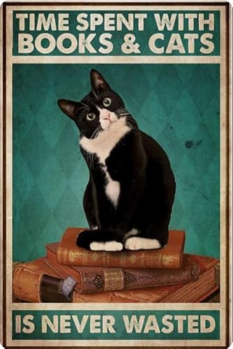Time Spent With Books And Cats Is Never Wasted Poster Metal Tin Sign Wall Decor Retro Tin Sign Entryway Decor For Garage Man Cave Bar Kitchen Metal Tin Signage 8x12 Inch