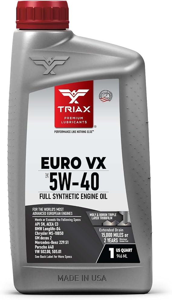 TRIAX Euro VX 5W-40 Full Synthetic, 25K Miles, Extreme Performance OEM Grade, Compatible with ACEA C3, A3/B4, VW502.00, BMW LL-04, MB 229.51, 229.5, Porsche A30 (1 Quart)