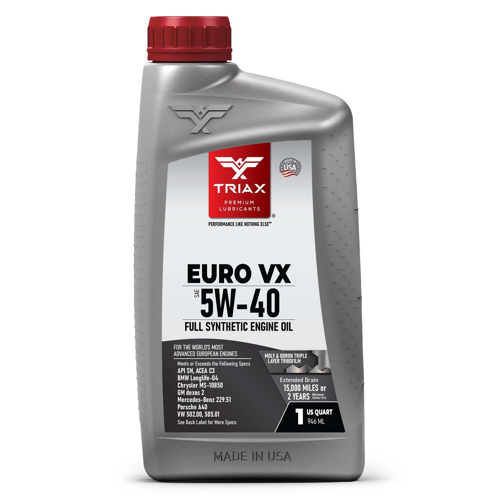 TRIAX Euro VX 5W-40 Full Synthetic, 25K Miles, Extreme Performance OEM Grade, Compatible with ACEA C3, A3/B4, VW502.00, BMW LL-04, MB 229.51, 229.5, Porsche A30 (1 Quart)