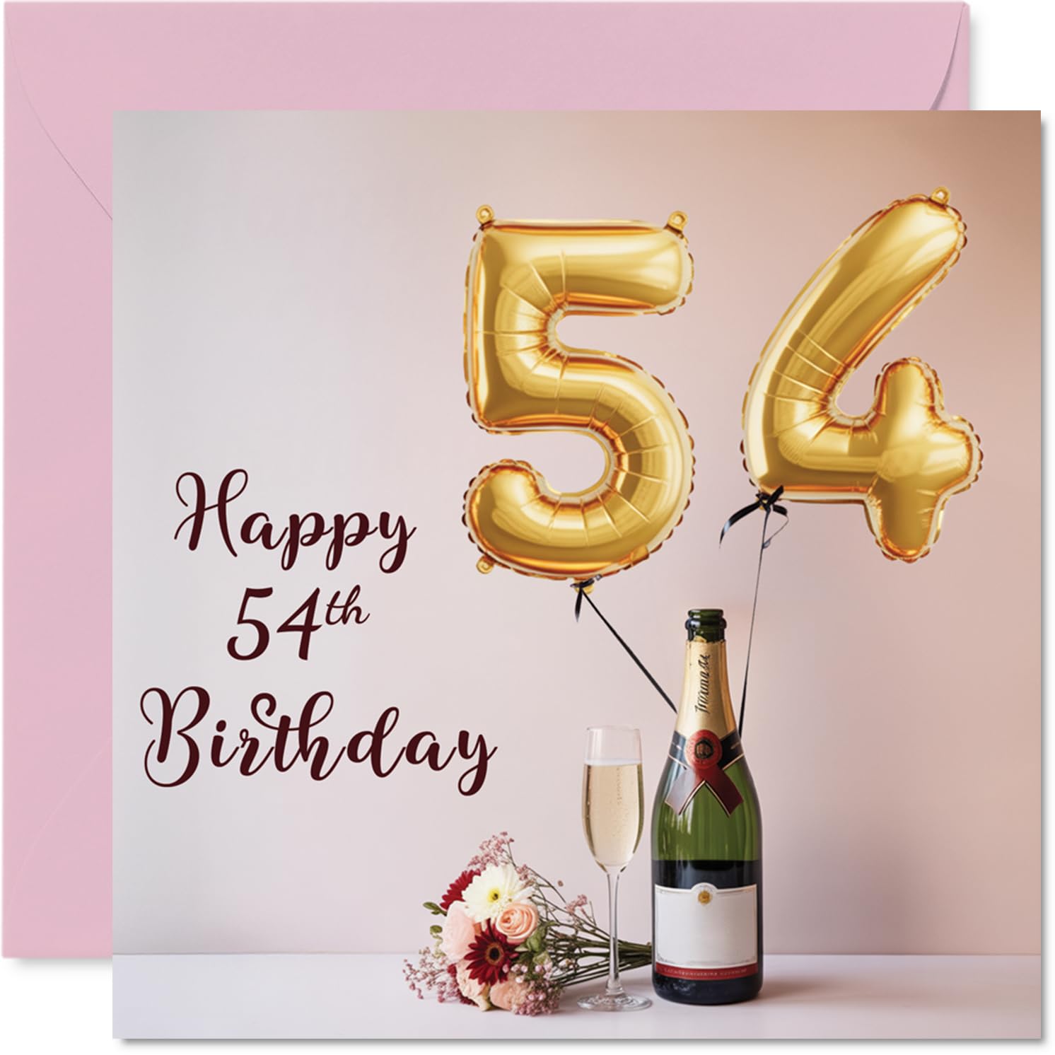 54th Birthday Cards for Women and Men, Balloons & A Bottle of Bubbly