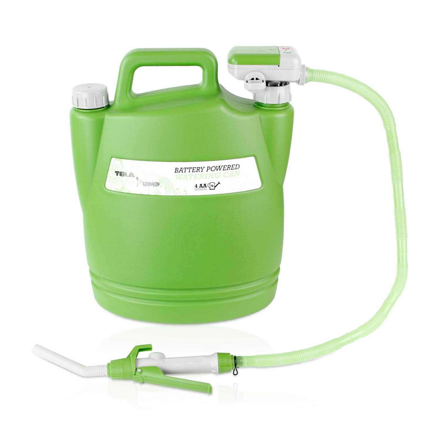 TERA PUMP 1st Introducing Deluxe Plastic Easy Pour AUTO Electric Watering Can 3.8 Gallon per min, 2.5 Feet Long Hose, Green Light Color