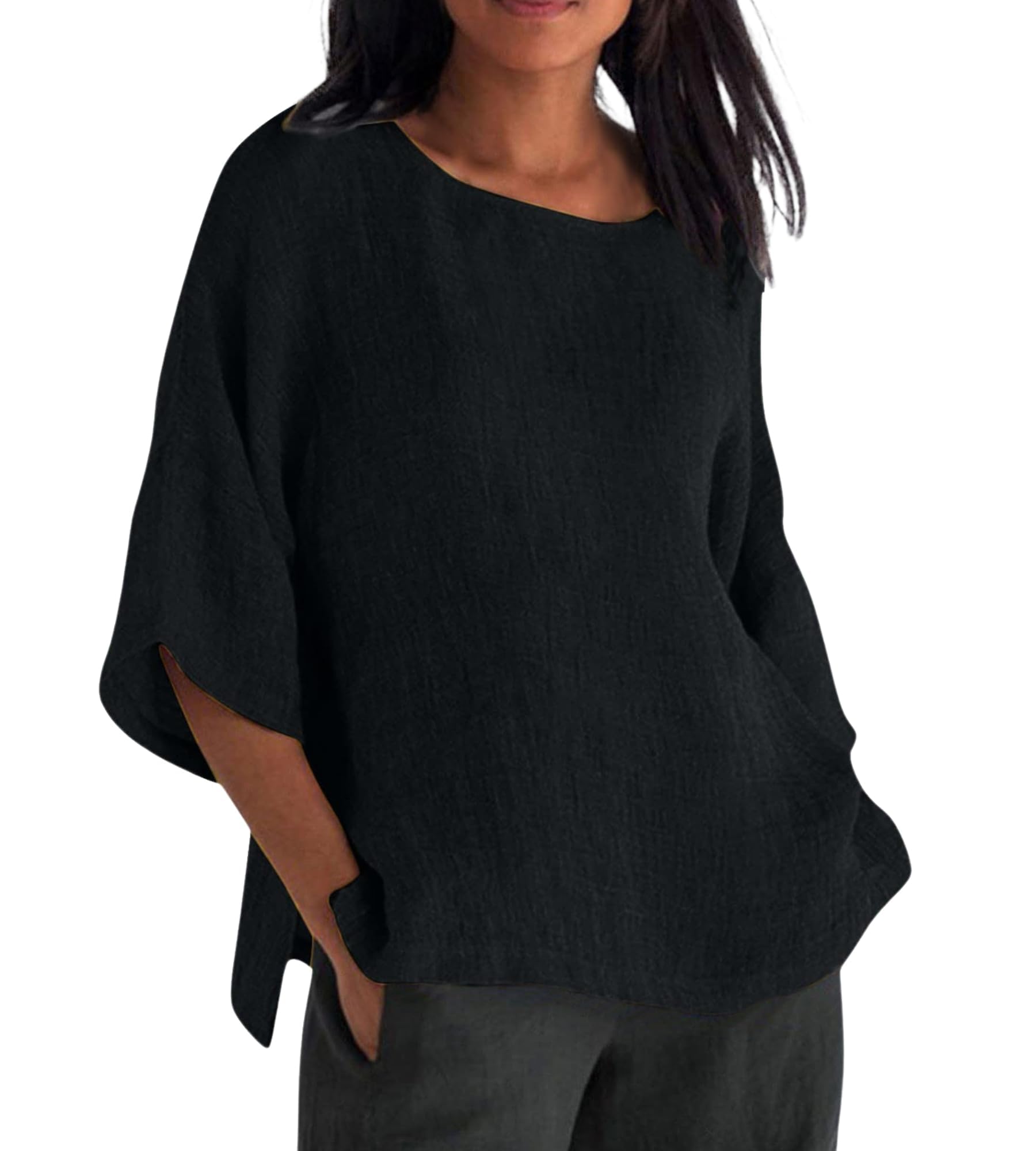 Spring Tops for Women 2025 3/4 Length Sleeve Womens Tops Linen Shirts Crewneck Tunic Loose Fit Plus Size Vacation Blouses