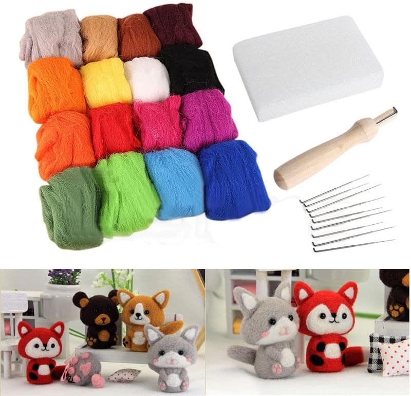 New 16 Colors Wool + 9 Needles Felting Handle Mat Set Starter DIY Tool Kits