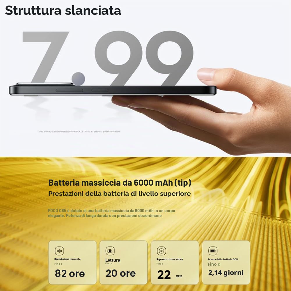 XIAOMI POCO C85 4G smartphone, 8GB+256GB, 6.9", verde, fotocamera doppia AI 50MP, MediaTek Helio G81-Ultra, ricarica rapida 33W, 6000mAh, con caricatore, non supporta NFC