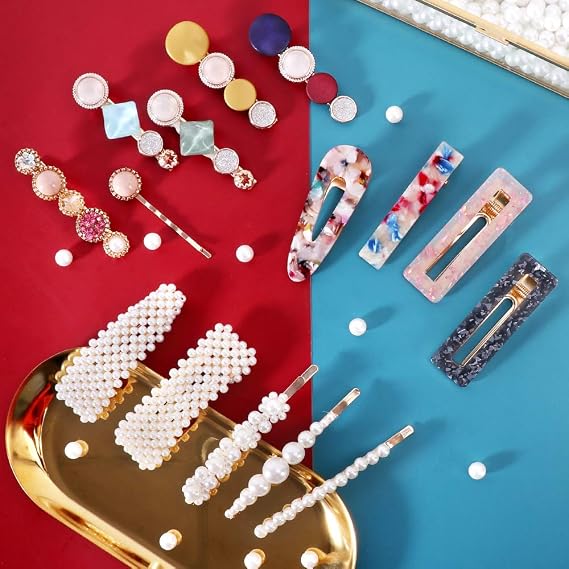 Magicsky 28 PCS Pearls and Macaron Acrylic Resin Hair Clips for Women Girls | Fashion Hair Barrette sets, Fancy Marble Alligator Bobby Pins, Elegant Crystal Geometric Hairpin, Decorative Hair Accessories