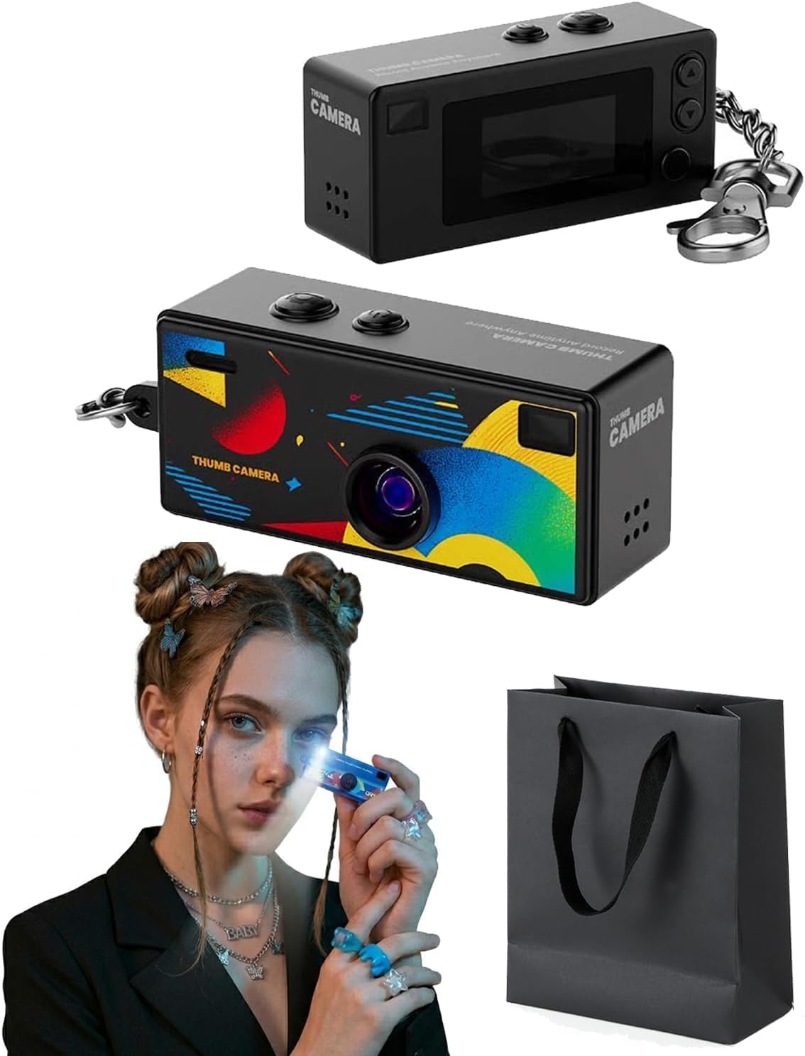 Mini Thumb Camera, 1080P HD Portable Keychain Mini Digital Camera 32GB TF Card with 130° Wide Angle and LCD Screen, Retro Pocket Video Recorder for Travel, Study and Daily Life (Black)
