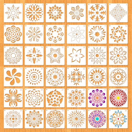 MWOOT 36 Piezas Plantillas de Mandala, Diseño Floral en Plástico para DIY, Modelo de Dibujo Reutilizable, Stencils para Aplicar en Piedra, Tela, Pared y Lienzos Decorativos (10x10 cm)
