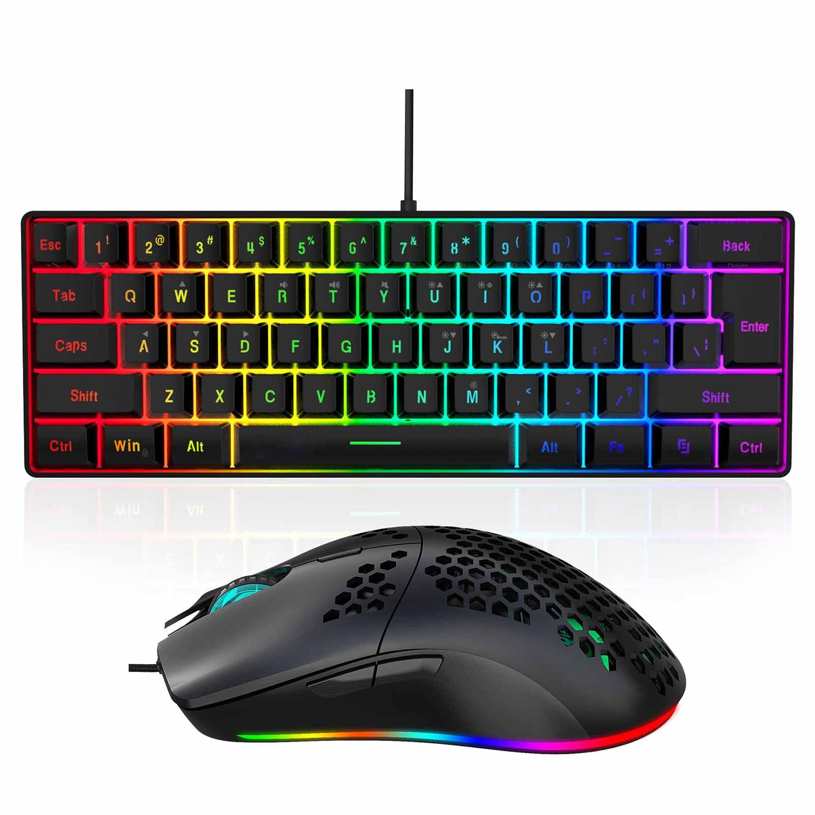 XUMIUZIY Przewodowa Klawiatura Gier i Zestaw Myszy, Ergonomiczna Mysz RGB z klawiaturą multimedialną 6400 DPI 61, do Gier Komputerowych na PC i Pracy (czarny zestaw)