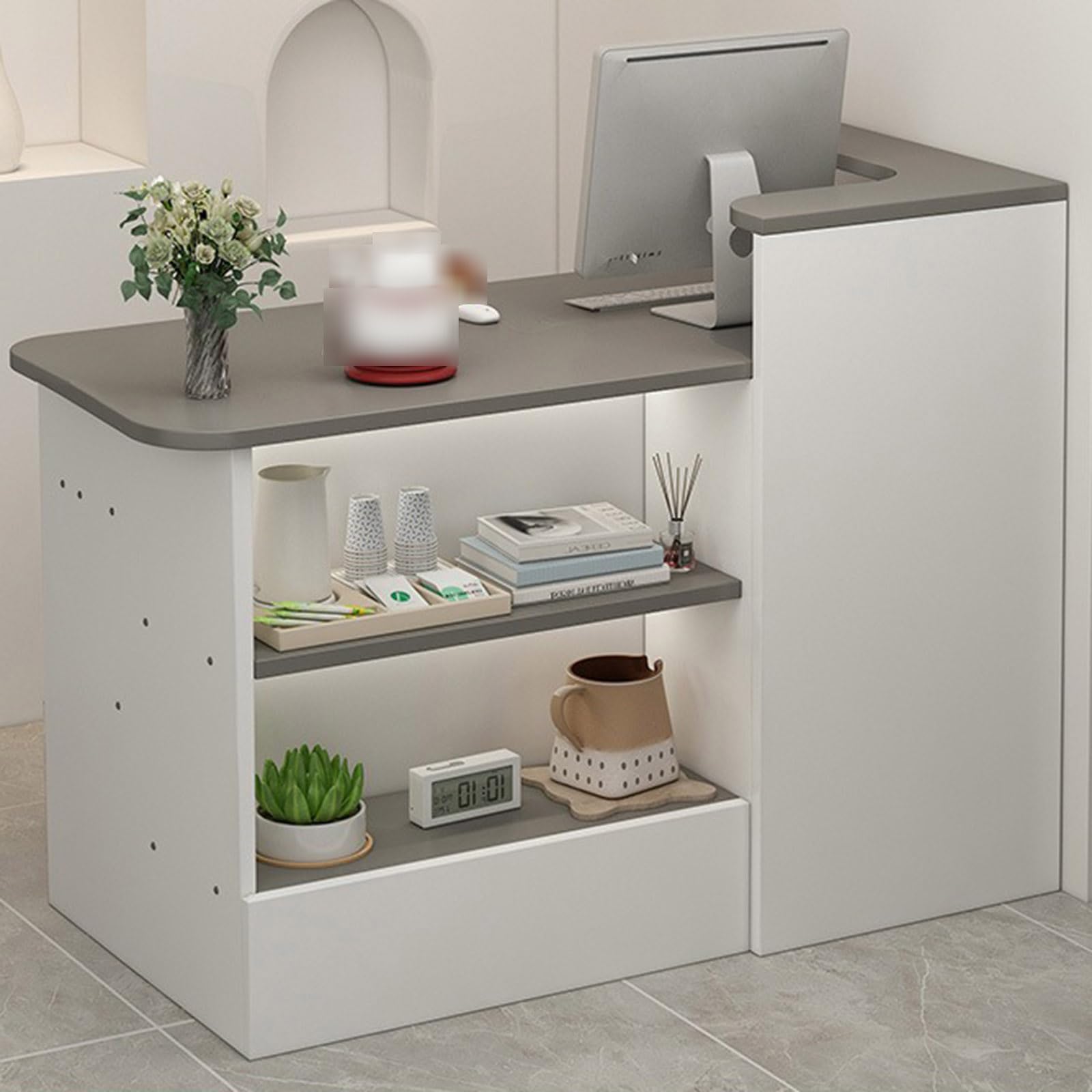 Elegante escritorio de recepción en forma de L, moderno gabinete cajero con estantes abiertos y cajones, escritorio de bienvenida versátil para hoteles, oficinas, salones de belleza, tiendas de