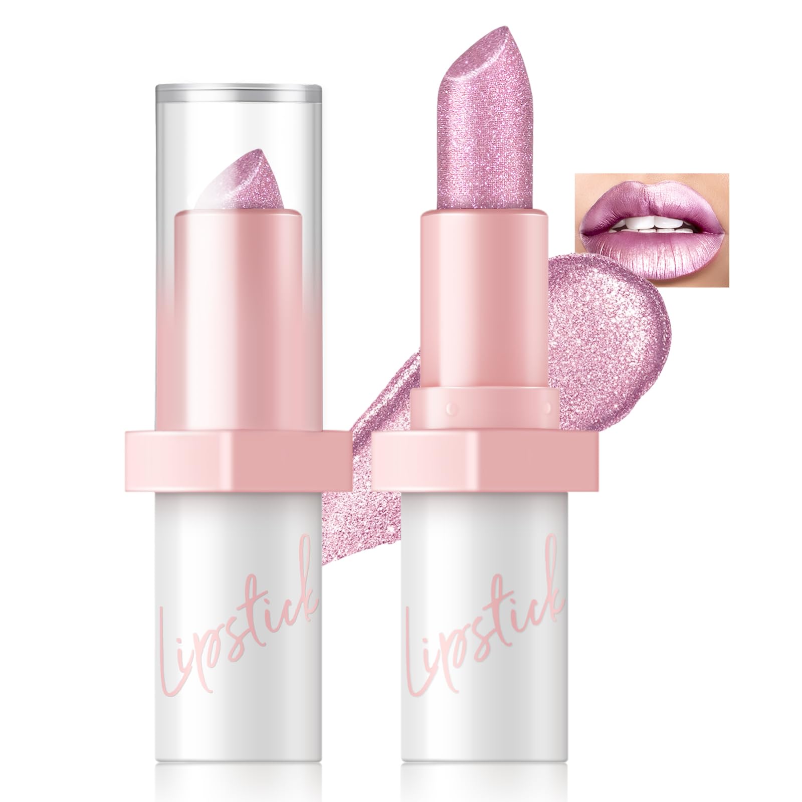 Metallic Pink Frost Glitter Lipstick for Women, Long Lasting High Shine Diamond Creamy Nude Light Pink Lipstick Transfer Proof,Shimmer High Impact Full Coverage Non Stick Cup Lip Makeup#1
