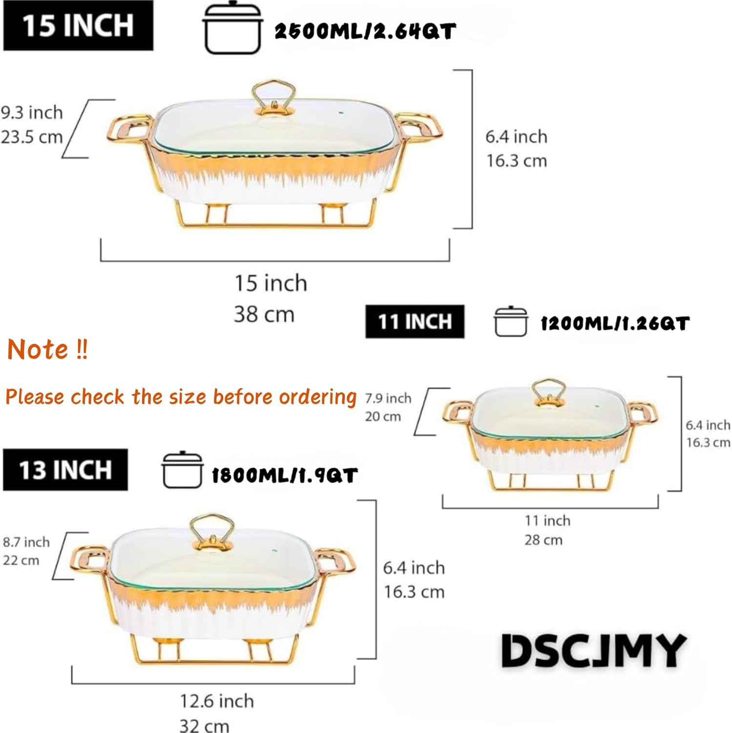 Ceramics Chafing Dishes for Buffet, Gold Chafer with Imitation Marble Finish, Party Food Warmer Buffet Set for Weddings,Parties, Banquets,Catering Events,3 Pack(1.2L,1.8L,2.5L)