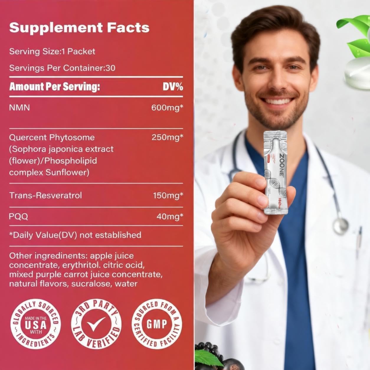 NAD Supplement 1000mg Liquid with Resveratrol & PQQ, 30 Packets — Amazon image 2