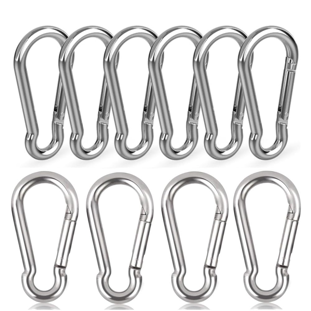 Mousquetons Acier Inoxydable - Lot De 6 - Charge Max 135 Kg - 60 Mm - Pour Sac à Dos, Camping, Escalade, Laisse Chien - 10