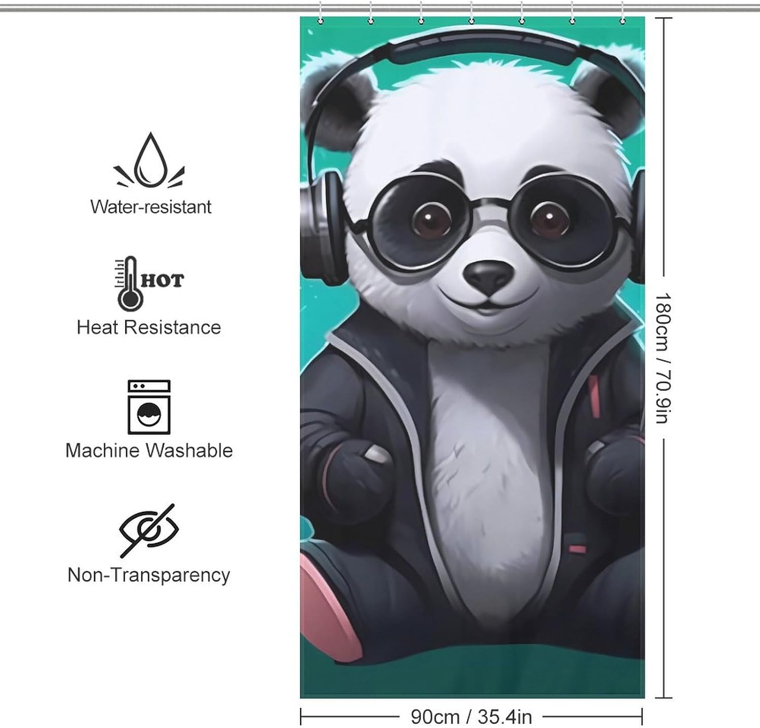 Panda Enjoy Music Funny Shower Curtains Washable Bath Curtain Liner with Hooks for Bathroom Bath Tubs