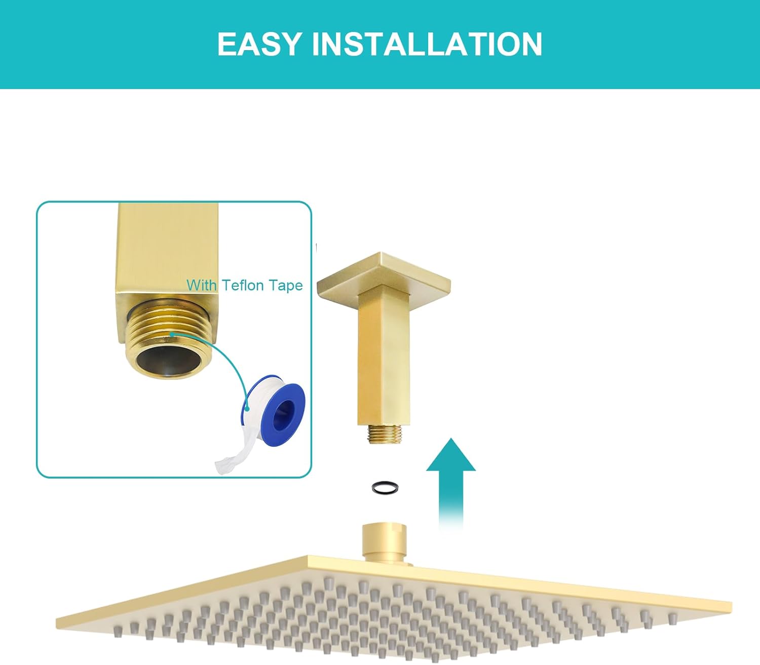 Enga Square Shower Arm with Flange, 3 Inches Ceiling Mount Replacement Rain Shower Head Straight Arm, Brushed Gold