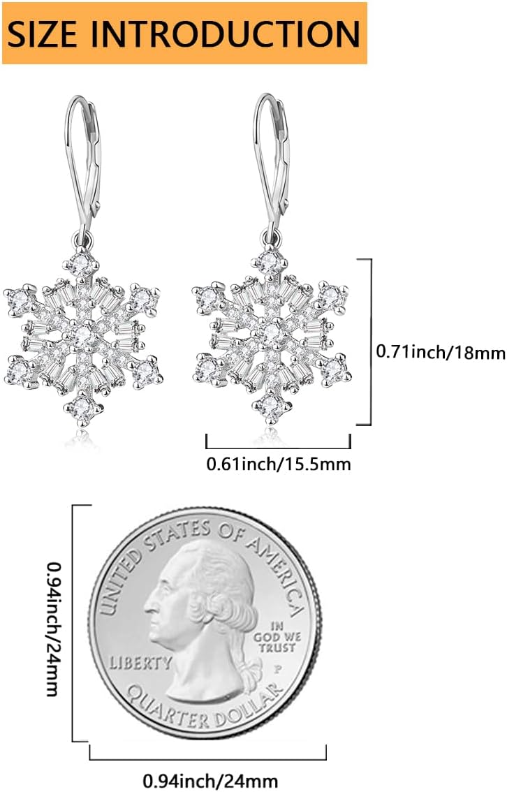 Snowflake Earrings for Woman 925 Sterling Silver Cubic Zirconia Winter Party Snow Flower Leverback Earrings Snowflake Dangle Drop Earrings Jewelry Holiday Chrismas Gifts for Women Girls