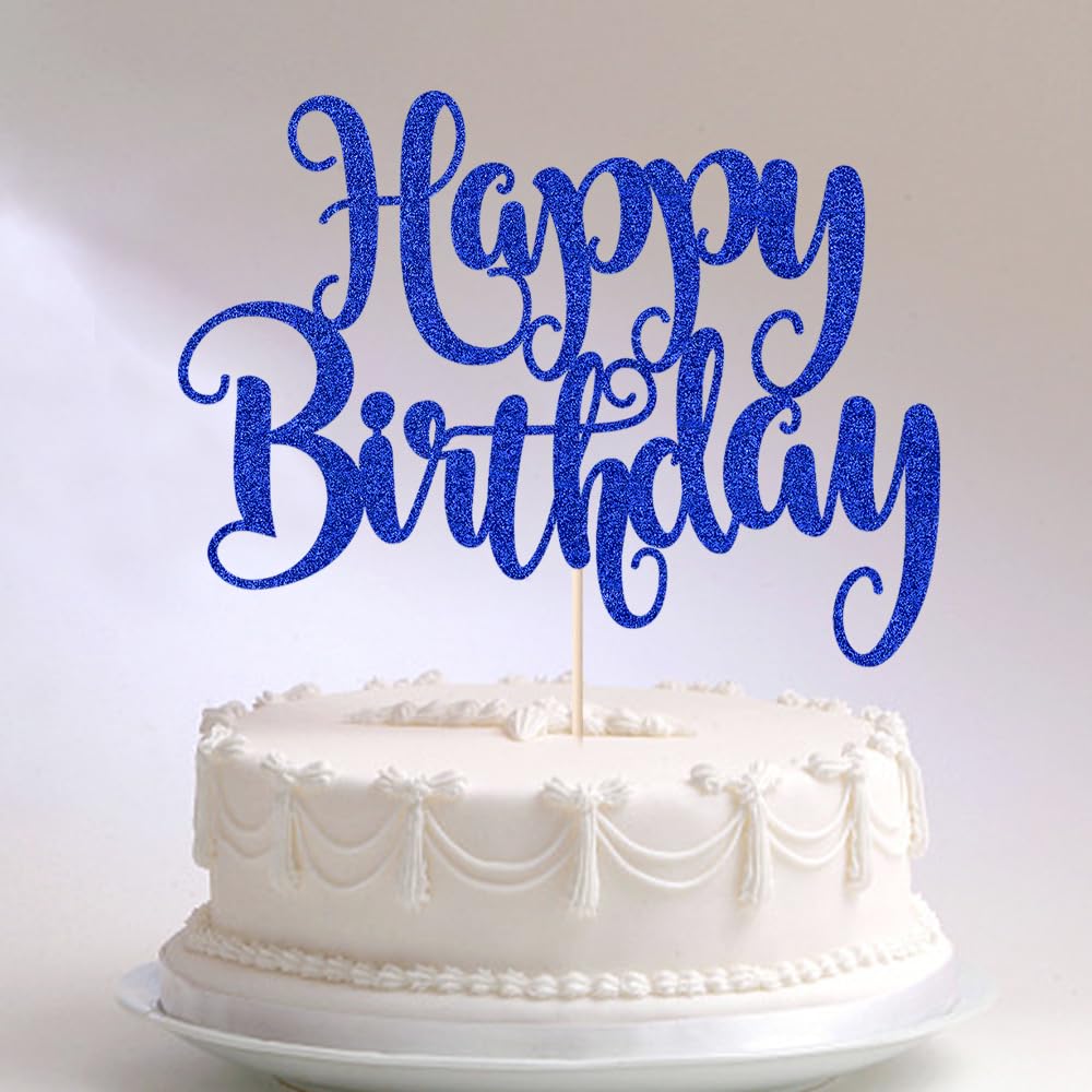 FmiyunEea Happy Birthday Cake Topper- Glitter Happy Birthday Cake Decor, Handmade Anniversary/Birthday Party Supplies (Deep blue)