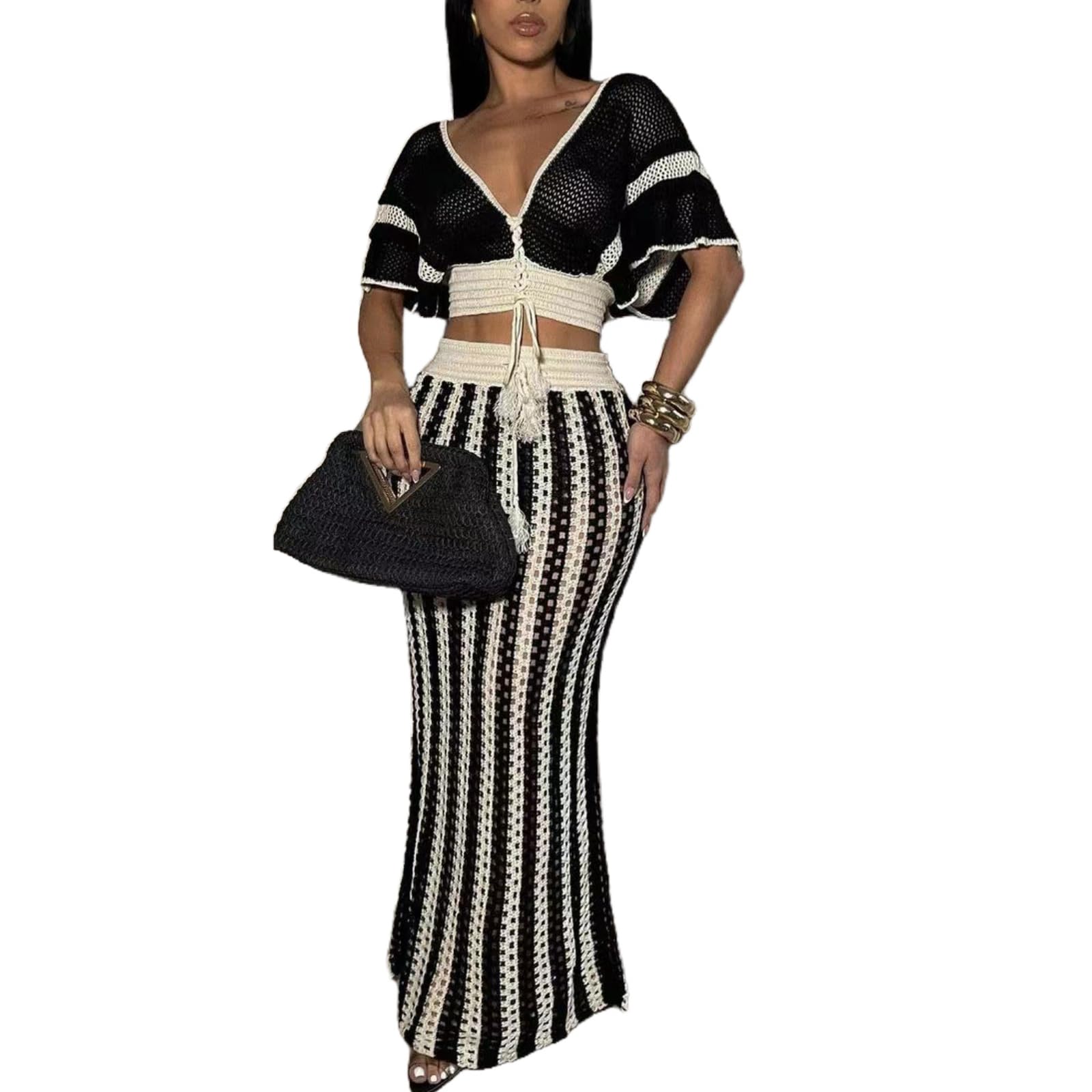 View 1 of **MISSING SKIRT** REASERAL Women's Knit 2 Piece Set - Short Sleeve Top & Striped Maxi SkirtMED SIZE S