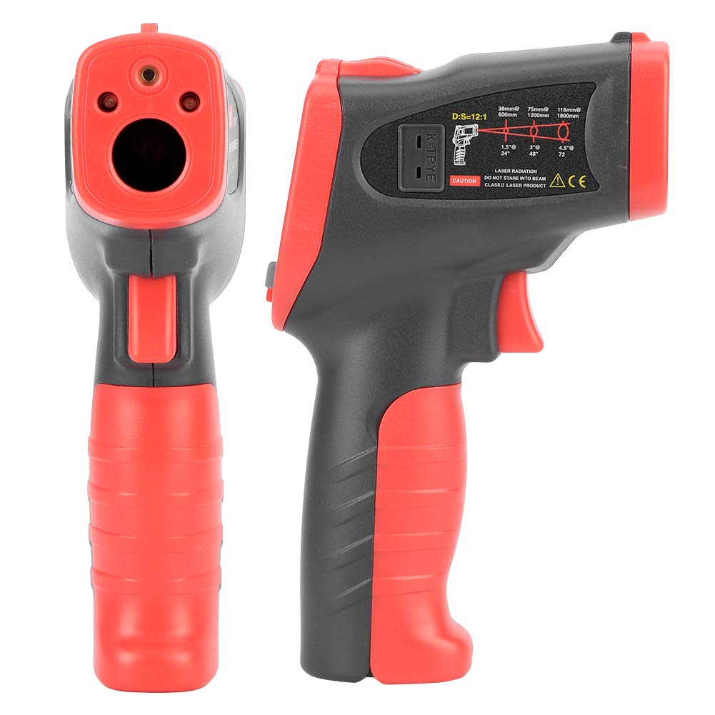 Termómetro infrarrojo digital industrial de mano con termopar K - Sensor de temperatura sin contacto con pantalla LCD a color - Rango de -50 a 650 grados Celsius - Relación objeto