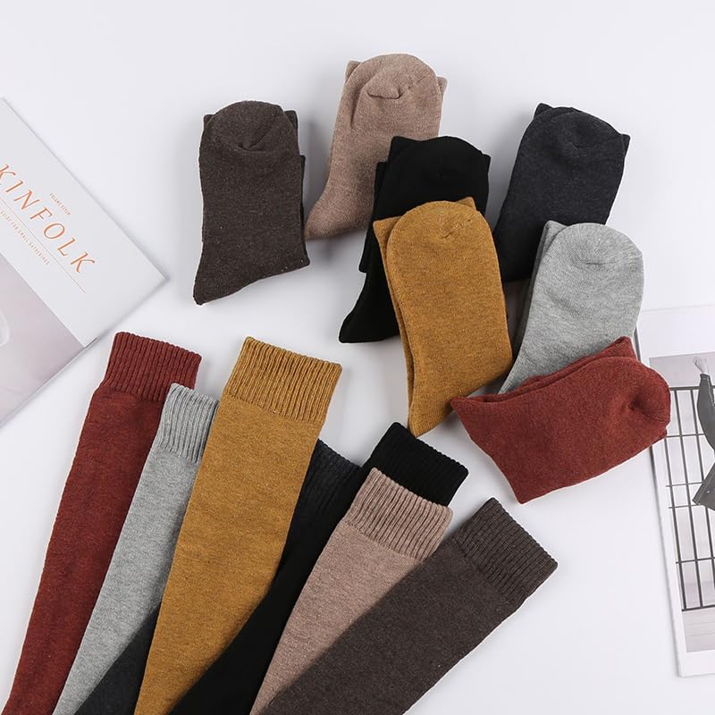 5 pares de calcetines cálidos de invierno for mujer, de color liso, transpirables y gruesos, hasta la rodilla, de algodón, informales.