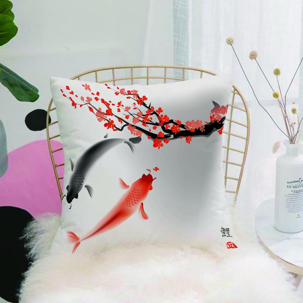 HYOSXW Cushion Cover,Throw Pillow Case Home Decorative for Living Room Bedroom Sofa Chair 16X16 Inch,Japanese Koi Carp Fish Couple Swimming With Sakura Blossom Branch Cultivation D,Pillowcase 40X40cm