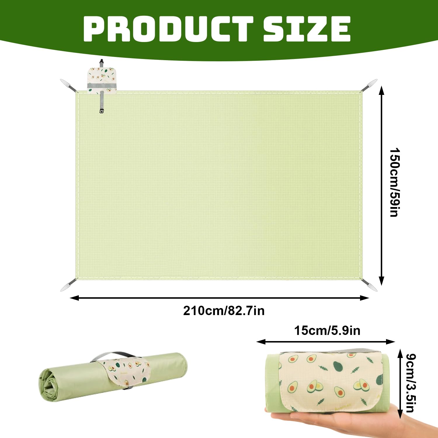 Manta Picnic Impermeable Verde 150 x 210 cm, Tapete de Picnic con Asa, Compacta Manta de Playa, Manta Picnic Portátil, Tapete de Picnic Plegable para Interiores, Playa, Camping, Viajes, Césped, Parque — view 2