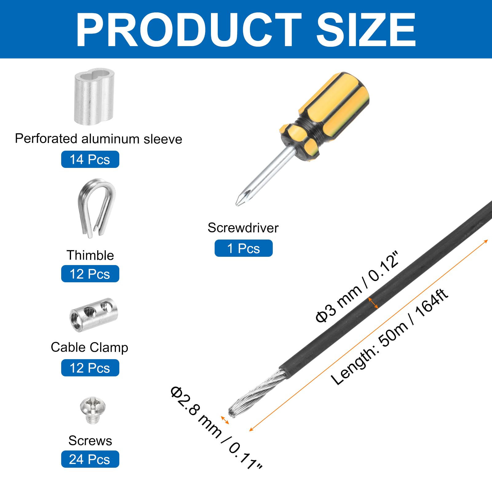 sourcing map 1 set di cavi in acciaio inossidabile 304 da 50 m, rivestimento in vinile da 3 mm con morsetto, manicotti in alluminio e ditale per ringhiere, terrazze, appendiabiti, colore nero, 50 m