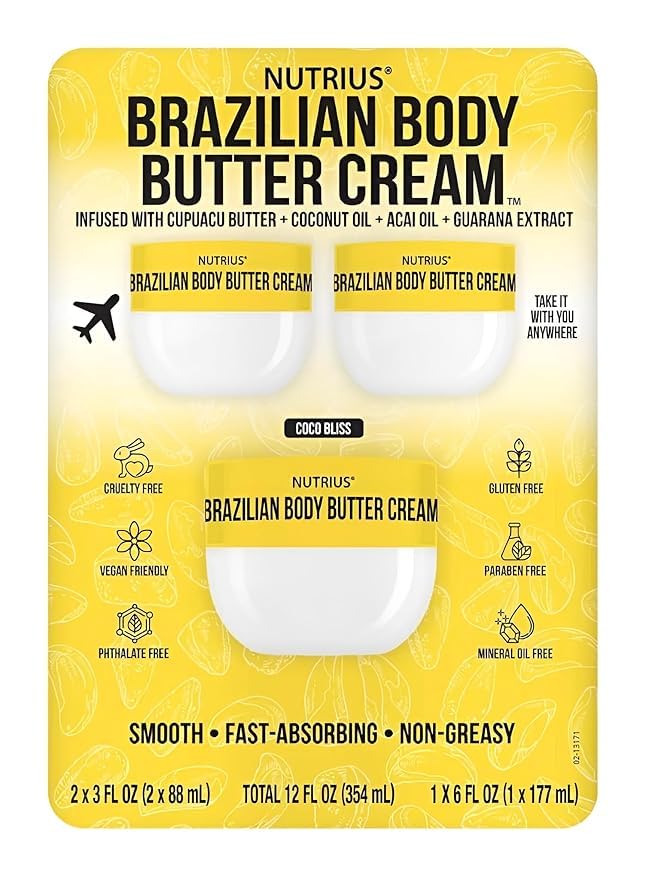Brazilian Body Butter Cream 3-Pack – Cupuaçu Butter Infused Lotion for Deep Hydration – Includes One 6 fl oz Jar and Two 3 fl oz Travel Sizes – Fast-Absorbing, Non-Greasy, Nourishing Moisturizer