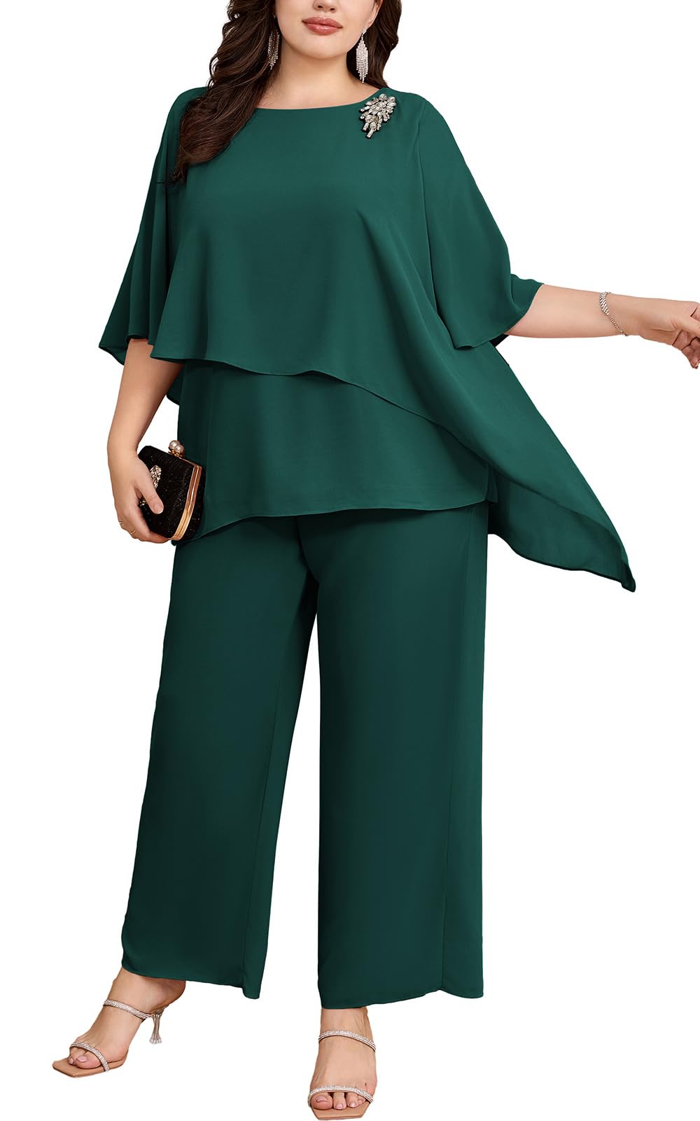 Hanna Nikole Damen Große Größen Chiffon Abendanzug Sets Cocktail Party Festlich Elegant 2-Teiliges Set Shirt Und Hohe Taille Hosenanzug Zweiteiler